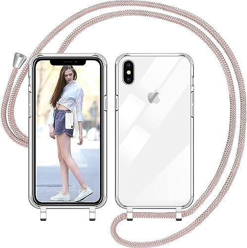 Nupcknn Handykette Hülle für iPhone XS Max Hülle TPU Bumper+PC Back Necklace(abnehmbar) Transparent Hülle mit Kordel zum Umhängen Handy Schutzhülle mit Band(Rosegold, 6.5)
