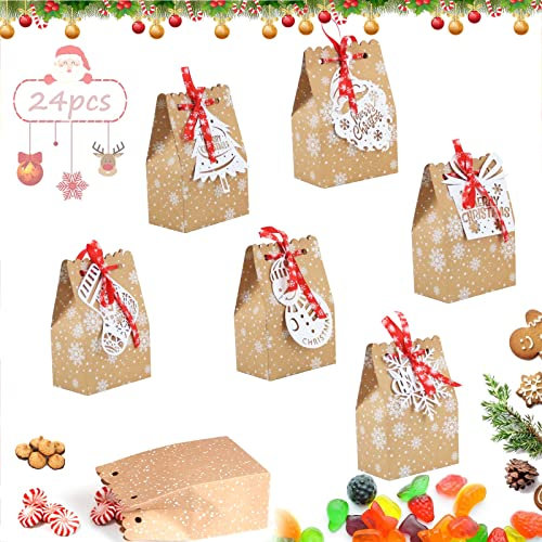 Geschenktüten,24 Stücke Weihnachten Geschenkbeutel,Kraftpapier-Weihnachtspapiertüten,Geschenkverpackung Taschen,Süßigkeiten Taschen,Papiertüten,Geschenktüten Weihnachten mit Band&mit Kordelzug