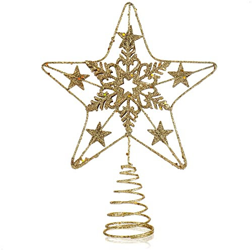 COM-FOUR® Deko Stern Weihnachten - Weihnachtsdekoration Stern aus Metall - Aufsteller Weihnachtsstern mit Glitzer - Goldfarbene Weihnachtsbaumspitze (goldfarben/24x18cm)