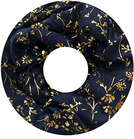 Lina & Lily Damen Loop Schal mit Goldenen Blumen (Marineblau)