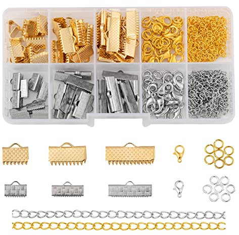 PandaHall Jewelry Findings Include 60pcs Iron Ribbon Crimp Ends & 2 Meter Brass Twisted Chains & 24pcs Lobster Clasps 40pcs Jump Rings for Jewelry Making