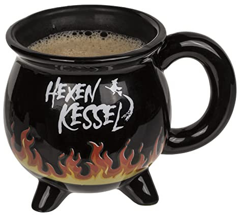 MIJOMA Kaffeetasse Teetasse Kesseltasse Kesselbecher Hexenkesselbecher Hexenkessel Becher Fassungsvermögen 400ml, schwarz (Hexenkessel mit Flammen-Thermoeffekt)