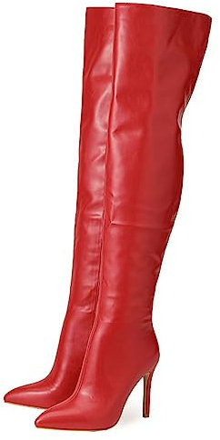 Omeslike Stivali Alti alla Coscia Comfort Autunno Inverno da Donna, Stivali Alti sopra Il Ginocchio con Cerniera a Punta Nera con Tacco a Punta, Stivali Alti alla Coscia Sexy per Le Donne,Rosso,35