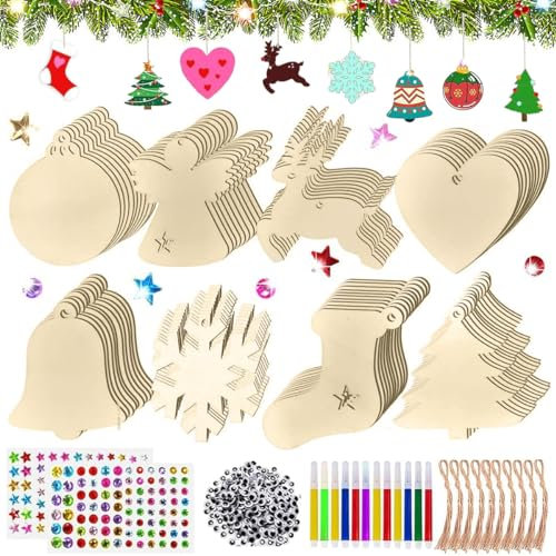 WELLXUNK 224 Stück Weihnachtsbaum Deko Holz,Weihnachtsbaum Holz Anhänger,Weihnachten Weihnachtsanhang Holz,Baumschmuck Basteln Weihnachten,Holz basteln Kinder Weihnachten,Holz Weihnachtsdeko Anhänger