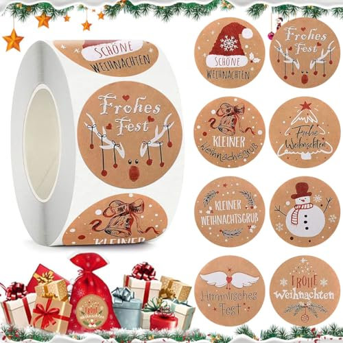 Aufkleber Weihnachten, 500 Stück Selbstklebende Weihnachtsetiketten Deutsch, Roll-in Label Papier Geschenkaufkleber, Runde Papieraufkleber Etiketten für Weihnachten Geschenkverpackung, 3.8CM