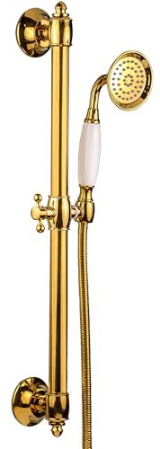 Delnet Gold Brass Handheld Shower Head with Slide Bar Kit, Wall Mounted Shower Slider Rail with Adjustable Shower Head Holder, Traditional&High-Pressure Shower Head with 1.5M Shower Hose