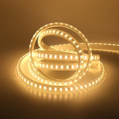 GAOUK 220V LED Light Strip with Switch Plug 15M, 120 LEDs/m Super Bright LED Rope Light CRI≥85, Warm White Light 3000K Waterproof Flexible LED Fairy Light, Bedroom Kitchen Living Room Lighting