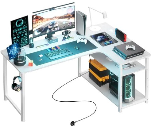 COMHOMA Schreibtisch Gaming Tisch mit Regal, Eckschreibtisch mit USB-Ladeanschluss und Steckdose, 120cm Computertisch L Form, PC Tisch für Büro, Heimbüro