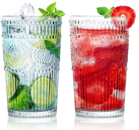 Loivttvv 6pcs Vintage Drinking Glasses Set, 12 oz Clear Highball Glasses, Embossed Ribbed Glassware Cups for Cocktail, Water, Juice, Coffee, Whiskey