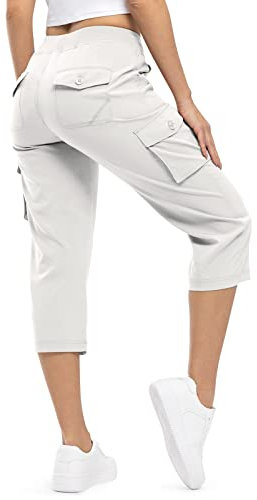 donhobo Damen Cargo Capris Hose mit 6 Taschen Leichte Schnell trocknende Outdoor Wanderhose Sommer Camping Casual Shorts Cropped Trekkinghose (Beige, L)