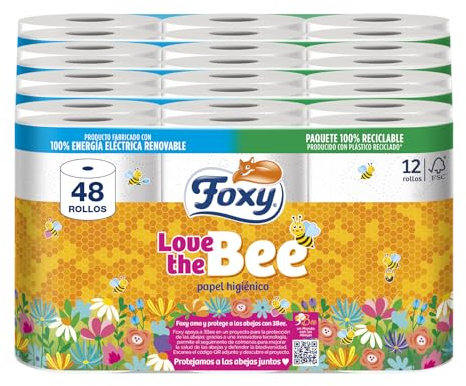 Foxy Love the Bee | 3 couches | Papier toilette 48 rouleaux | 167 services par rouleau | Certifié FSC | 100% Énergie électrique renouvelable | Emballage recyclable fabriqué à partir de plastique