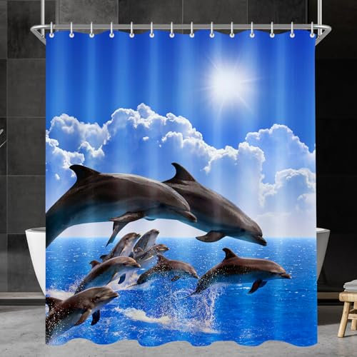 Lerores Duschvorhang 200x200cm Delphin, Beschwerter Saum Antischimmel Textil, Wasserabweisend, Waschbar Polyester Stoff Badevorhänge mit 12 Ösen und Duschvorhangringe für Badezimmer, Badewanne