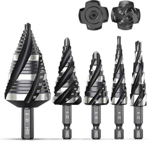 THINKWORK Lot de 4 forets étagés à cannelure hélicoïdale (métrique), 5 forets étagés HSS (4 mm-35 mm), forets étagés Unibit, forets étagés à tige de 6 mm et 10 mm pour aluminium, bois, plastique,