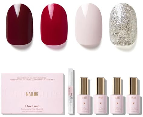 NAILOG Nail Polish Set - 4 Colors Top Coat Base 3-In-1 Soak Off UV Gel Kit for Home DIY & Birthday Gifts for Women, Opulent Quartet