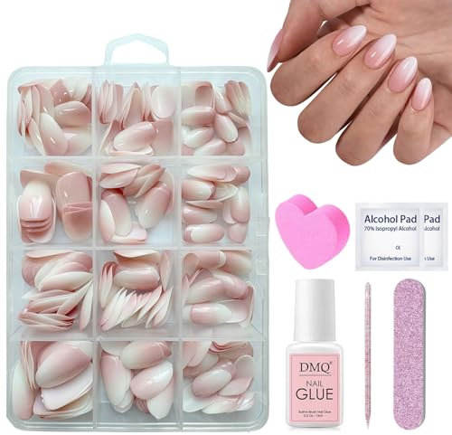 DMQ Ombre Press on Nails Kit with Glue, 240Pcs Natural Gradient Pink False Nails, Acrylic Almond Fake Nails Pink Tips, 12 Sizes Glossy Full Cover Stick on Nails for Women Girls Nails Art