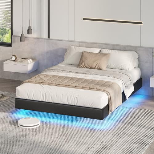 DICTAC Bettgestell 140x190 cm mit LED Beleuchtung, Bett 140x190 mit Lattenrost, Floating Bed Frame, Polsterbett Doppelbett, Gepolstertes Bettgestell für Schlafzimmer, einfache Montage, Schwarz