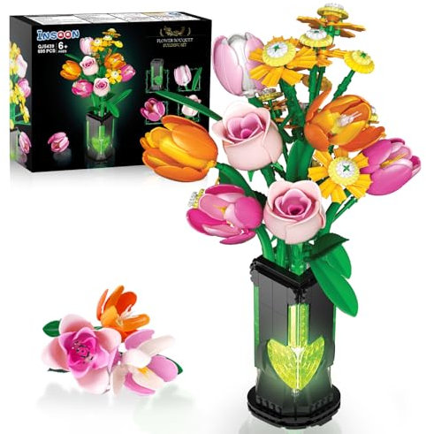 INSOON Set di bouquet di fiori con vaso e luce, 695 pezzi collezione botanica giocattolo da costruzione, pianta di tulipani rosa per ufficio decorazione per la casa, Natale, San Valentino, regalo di