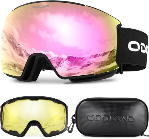 Odoland Skibrille Snowboardbrille für Damen und Herren mit 2 Magnetische Wechselglas und Hülle Anti-Fog UV-Schutz Helmkompatible für Jungen und Mädchen zum Snowboard Skifahren Rosa