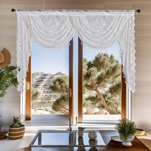 Huierxun Weiße Spitze Wasserfall Fenstervolant mit Perlenquasten, Blumenstickerei, Volant, Vorhänge, halbtransparent, Stangentaschenvolant für Schlafzimmer/Wohnzimmer/Küche/Keller (Weiß, 150 x 104 cm)