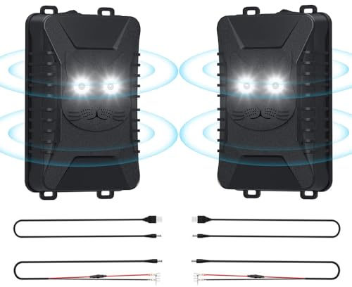 2X Marderschreck Ultraschall mit LED Blitzlicht Marder für 40-60m² | für KFZ, Motorraum, Dachboden, Haus, Garten, Auto, Marderabwehr Batteriebetrieben / USB / Anschluss Autobatterie Marderschutz