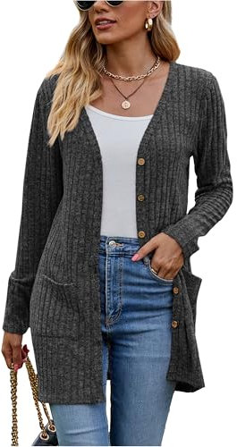 Famulily Long Cardigan for Women UK, Solid Color Rib Knitted Lightweight Outerwear Sweater with Pockets (S, Dark Grey)