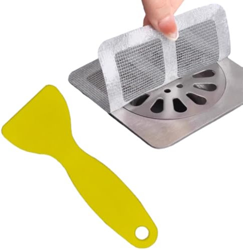 50 Pièces Attrape Cheveux Douche avec Un Grattoir Jaune, Filtres à Cheveux Jetables Autocollant de Vidange, Tamis à Cheveux pour Salle de Bain Protecteur Grille Évacuation pour Baignoire et Cuisine