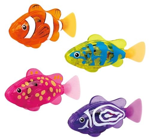 4 Piezas Peces Robot, Pez de Juguete Electronico Reutilizable Pez Robot Juguetes Peces Artificiales Movimiento Built-In LED Light Peces de Juguete para Bañera Pez Robot para Niño (Funciona con Pilas)