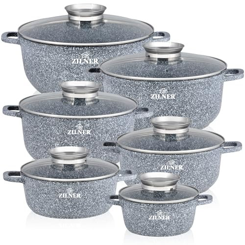 Kochtopf Set Induktion 6-Teilig - Topfset mit Glasdeckel - Töpfe für alle herdarten - 6x Kochtöpfe Ø16, 20,20, 22, 24, 28 cm - Antihaftbeschichtung aus Granit - ZILNER® ZL-7086