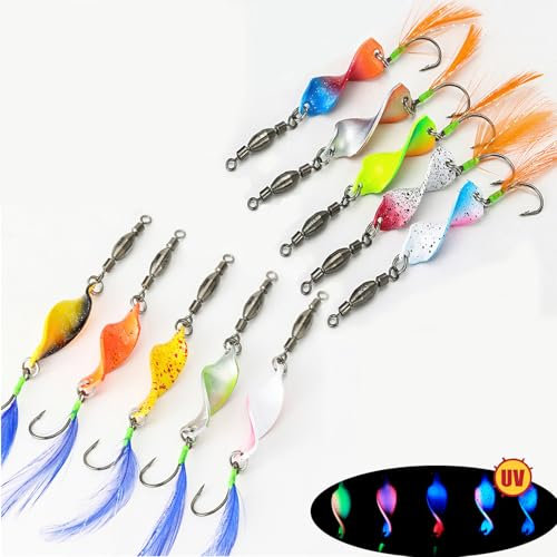 Machilea Twist Spoons Forelle UV-Aktiv 3g| Forellenköder mit Rolling Swivels| Twister Angelzubehör Forelle| Blinker Forellen Köder| AngelKöder| Forellen Spoon Set, 5 Stück (Orange und Blau 3g)