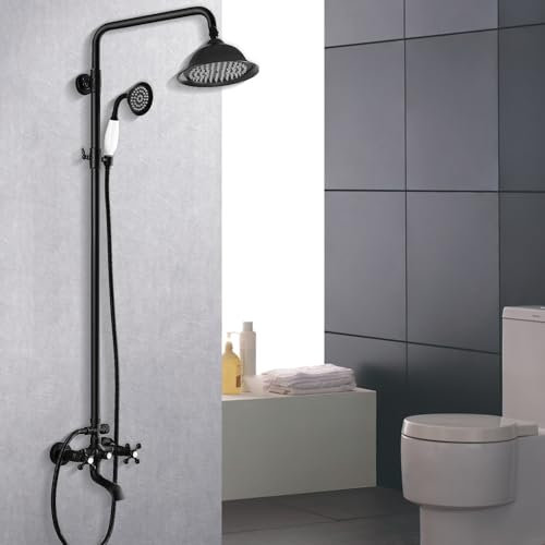 CALISTOUK Columna de Ducha con Ducha de Mano y Grifo, Estilo Retro Europeo Tina Latón Antiguo Kit con 3 Salidas Multifuncional Altura Ajustable 70-110cm (Negro)