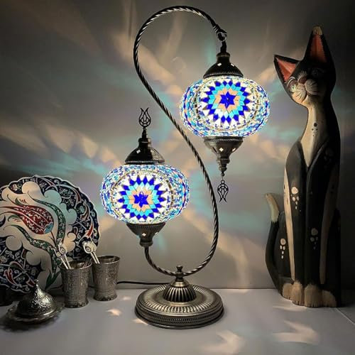 BOTOWI 2-Lichter türkische Lampe Mosaik Tischlampe Einzigartige marokkanische Tischleuchte Handgemachte Antik Bohemian Vintage Lampenschirm Tiffany Schreibtisch Nachttisch Buntglas Lampe,Blau