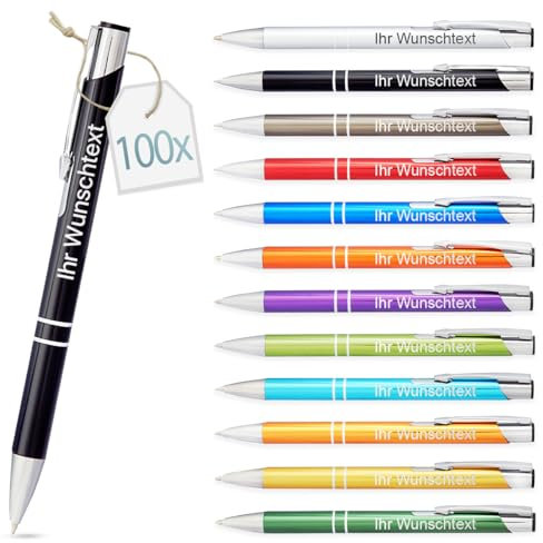 Kugelschreiber mit Gravur | personalisierter Stift mit Wunschtext | blaue Mine | Werbegeschenk & Werbeartikel | personalisierte Kulis für Hochzeit, Büro & Schule (Gemischt,100 Stück)