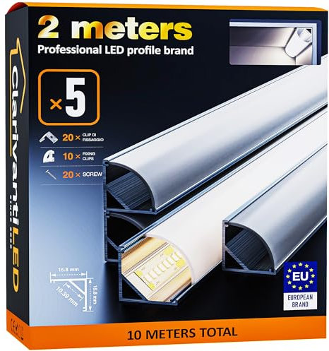ClarivantiLED LED Aluminium Profil 2m×5 V-Form Alu Profil für LED Streifen/Stripes/Strip,45 Grad Eckprofil, Kanal, Diffusor mit Milchiger Weißer Abdeckung, Endkappen, Montageclips,L Profil Kunststoff