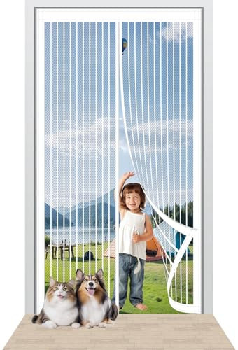 Moustiquaire Porte Fenetre Magnetique 88 x 215 cm Maille Ultra Fine Moustiquaire Magnétique pour Porte Kit D'Installation Complet pour La Plupart Les Types de Fenêtres Ou Porte, Blanc