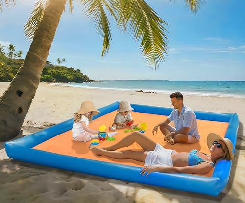 ROMIVO Stranddecke 210 x 200 cm, sandfrei, wasserdicht, faltbar | Aufblasbare Picknickdecke mit 4 Befestigungsecken, Transportbeutel und Spannseil; für Familien, Camping, Strand und Garten