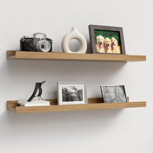 RICHER HOUSE Wandregal Eiche, 2er Set Bilderleiste, 60 cm Schweberegal Holz, Regal Wand für Fotorahmen und Dekos, Wohnzimmer, Kinderzimmer, Schlafzimmer, Küche, Badezimmerwand