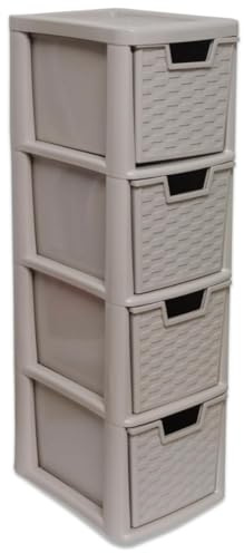 PD - 4 Tier Medium Rattan Drawers - Plastic Storage Drawer Unit - Storage Cabinet Chest Tower - Modular Drawer For Home, Kitchen, Office, School - 62cm (H) x 19cm (W) x 25cm (D) (Cream, 4 Tier)