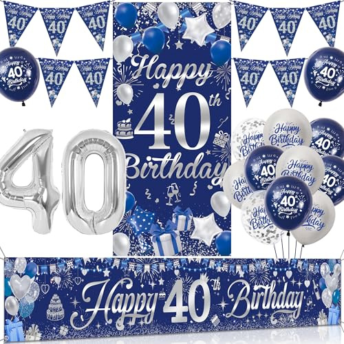Tasoraor 40 Geburtstag Deko Mann Set - Blau Silber Geburtstagsdeko mit Große Happy 40 Birthday Banner, Konfetti Ballons Wimpel und XXL Zahlen Luftballon für Männer 40 Geburtstag Dekoration