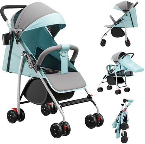 Homewell Kinderwagen, Liegebuggy mit großes Verdeck, Sportwagen, Zusammenklappen, Verstellbarer Griff, kompakter Buggy inkl. Moskitonetze & Matten & Getränkehalter (Blau)