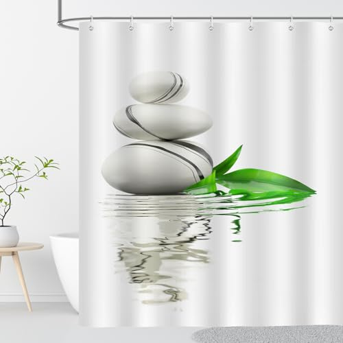 OCEUMACO Zen Duschvorhang 180x180 Anti Schimmel Wasserdicht Textil Shower Curtains Kieselsteine Motiv Duschvorhänge Badewanne Waschbar Stoff Polyester Bad Vorhang mit Haken - Weiß Beige