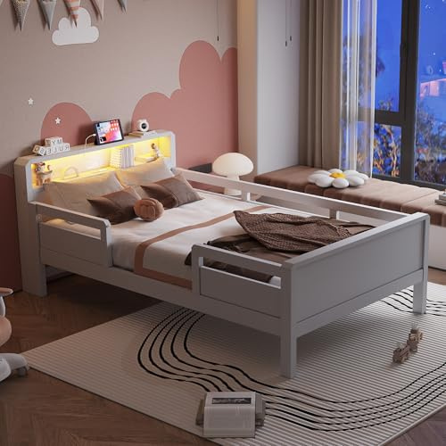 Gxffipw LED Bett 90x200 cm Kinderbett mit Rausfallschutz und Stauraum-Kopfteil, Kinder Bett Einzelbett mit USB-Type-C-Kombi-Steckdose, Holzbett Bettrahmen mit Lattenrost, Weiß, Ohne Matratze
