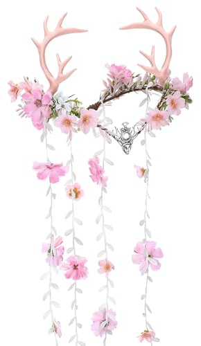 MOSTORY Rosa Blumenkranz Geweih Kopfschmuck Rentierkrone für Renaissance Faschingskostüme Damen, WaldFeen Haarschmuck für Elfe Karneval Accessoire Cosplay