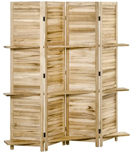HOMCOM Paravento da Interni 4 Ante Separé con Ripiani 162x170 cm Legno | Pieghevole, Design a Doghe, Separe Divisorio Interno, Divisorio per Ambienti, Legno di Paulonia, per Casa e Ufficio