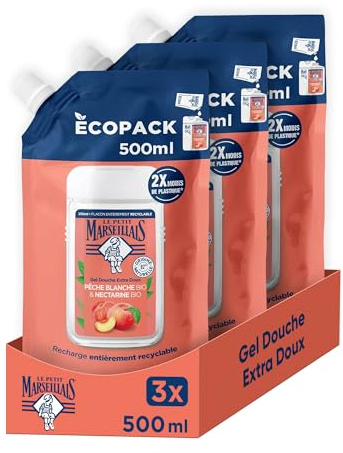 Le Petit Marseillais | Recharge Gel Douche Extra Doux Pêche Blanche Bio & Nectarine Bio (écopack de 500 ml) – 92% d'ingrédients d'origine naturelle – pH neutre pour la peau et sans colorant (Lot de 3)