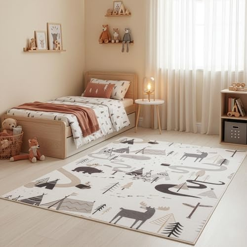SIMPEX Kinderteppich Wald Tiere Spielteppich für Kinderzimmer in Creme mit Bär Hirsch und Zelt Motiv Größe 80x150 cm ideal für kleine Spielbereiche