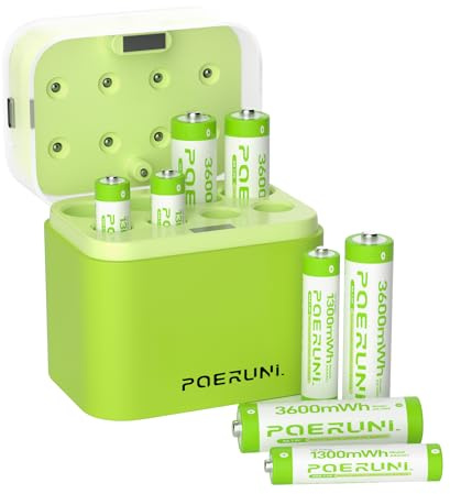 POERUNI.1.5V aa rechargeable lithium battery with charger – AA (3600mWh) and AAA (1300mWh), deep multi-cycle, USB-C fast charging long lasting and durable lithium-ion battery.