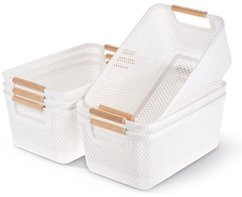 Huiguli 6 Stück Aufbewahrungsbox mit Holzgriffen, Aufbewahrungsboxen ohne Deckel, Atmungsaktiv Organizer, Aufbewahrungskorb Kunststoff Küche, Boxen Aufbewahrung für Badezimmer Küche Schlafzimmer Büro
