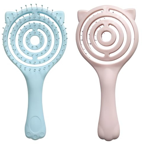 Set med 2 hårborstar med kattdesign, ventilerad borste mot brott för lockigt och slätt hår, massageborste med mjuka pinnar för kvinnor och barn, rosa och blå