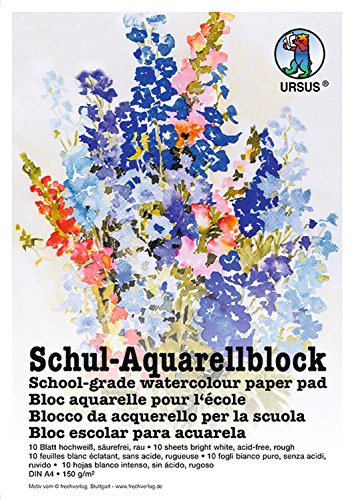 Ursus 7004600 - Schul Aquarellblock, hochweiß, DIN A4, 150 g/qm, 10 Blatt, säurefrei, an DREI Seiten geleimt, ideal für die Schule oder in der Freizeit