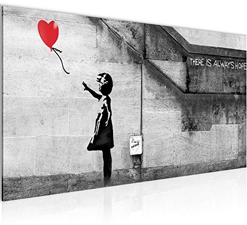 Runa Art Wandbild Banksy Ballon Girl 1 Teilig 100 x 40 cm Modern Bild auf Vlies Leinwand Street Art Loft Wohnzimmer Red 301612a